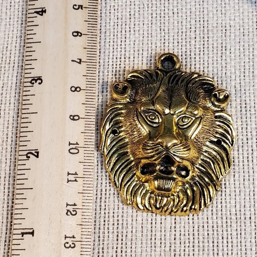 New Vintage 90s Roaring Lion 55x45mm Antique Gold Alloy Metal Statement Pendant